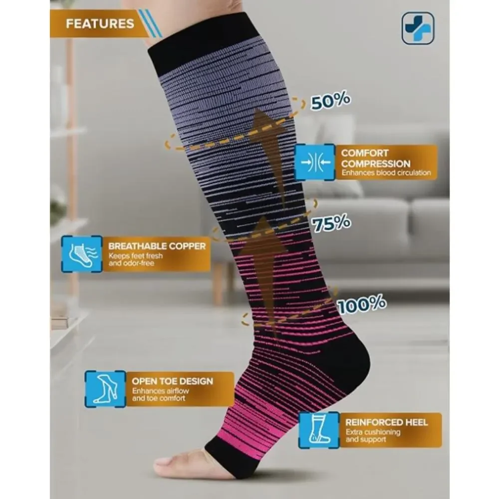 Doctors Select 3 Pairs Copper Toeless Compression Socks Open Toe Knee High L/XL